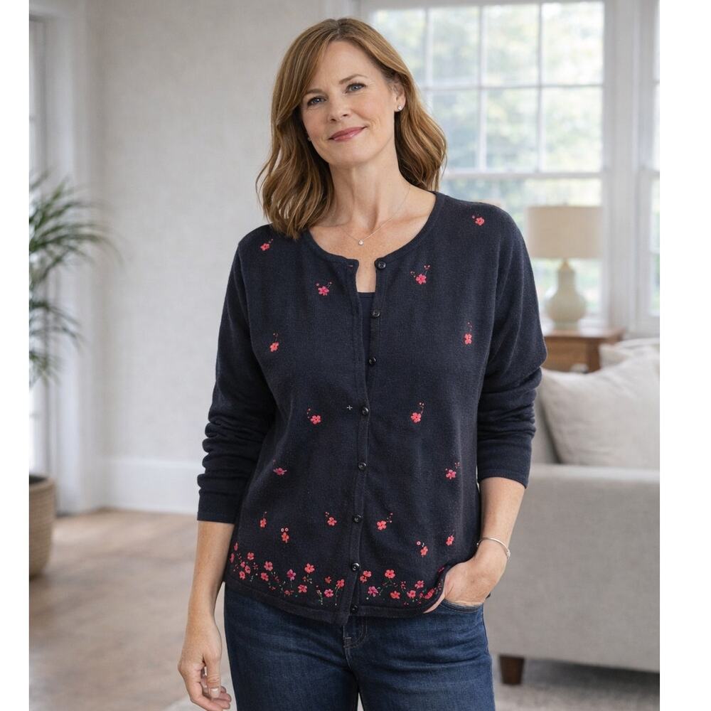Vintage Coldwater Creek Navy Blue Floral Beaded Cardigan Large Cottagecore